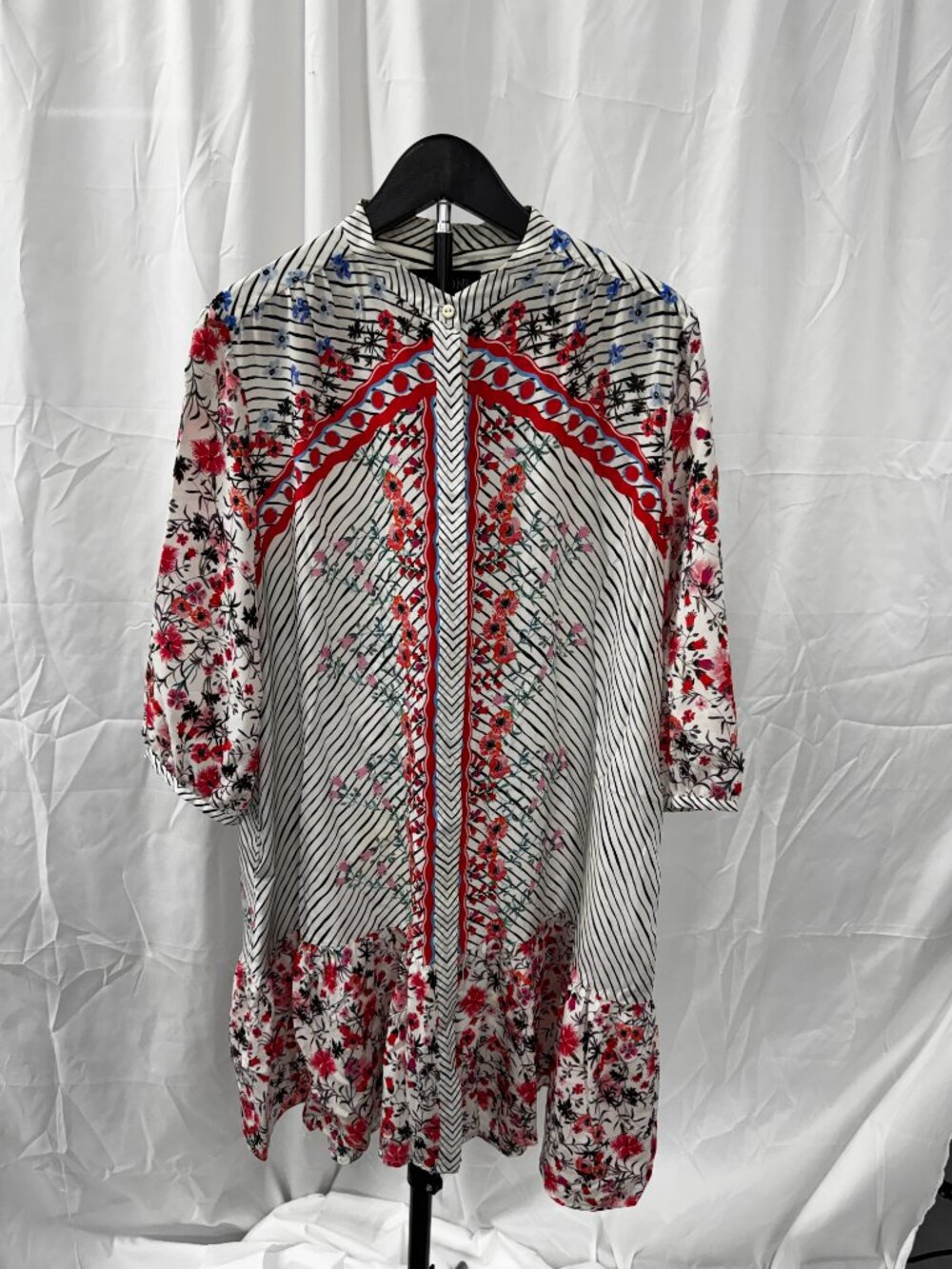 SALONI Silk Floral Button Front Knee Length Dress White, Black & Pink Sz 10 - Picture 9 of 16